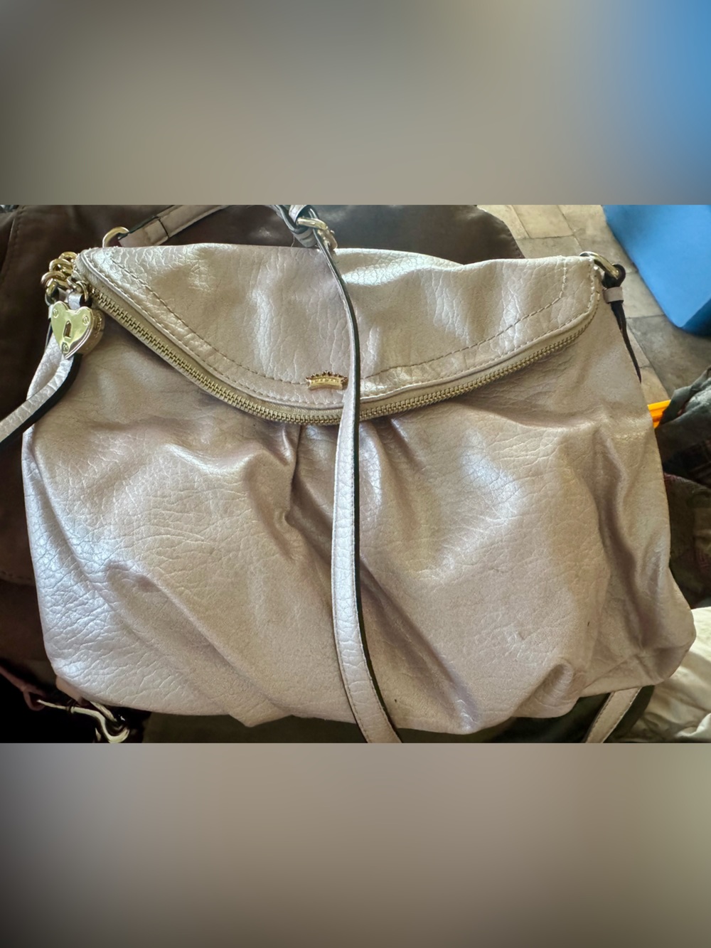 Taupe Leather Shoulder Bag with Gold Hardware